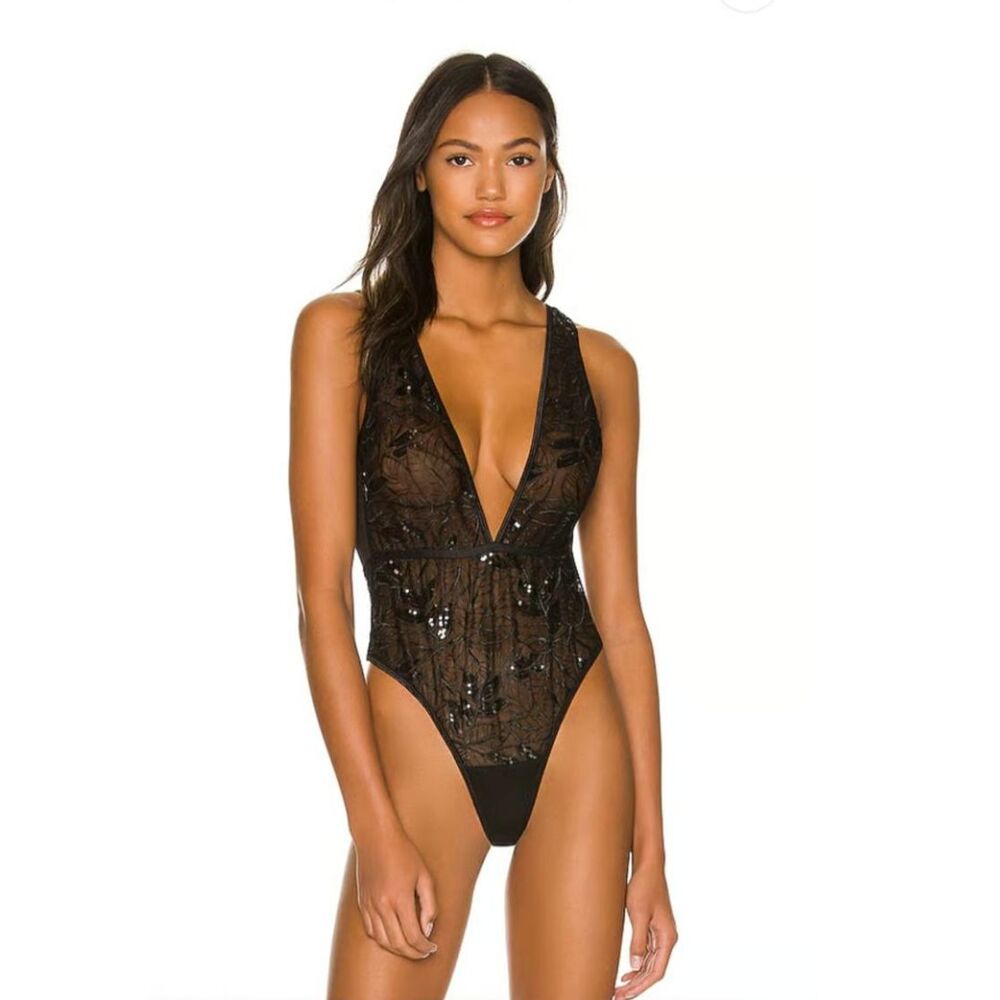 Revole + Bluebella Skylar Black Sheer Lace & Sequin Thong Bodysuit US 10 Large